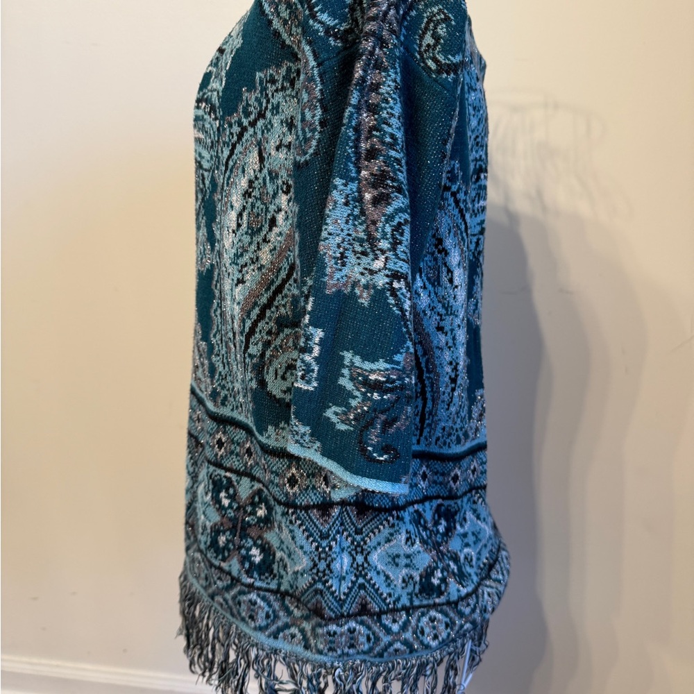 Ruby Rd Petite Paisley Teal Knit Top with fringe hem and silver metallic detail - Picture 4 of 5